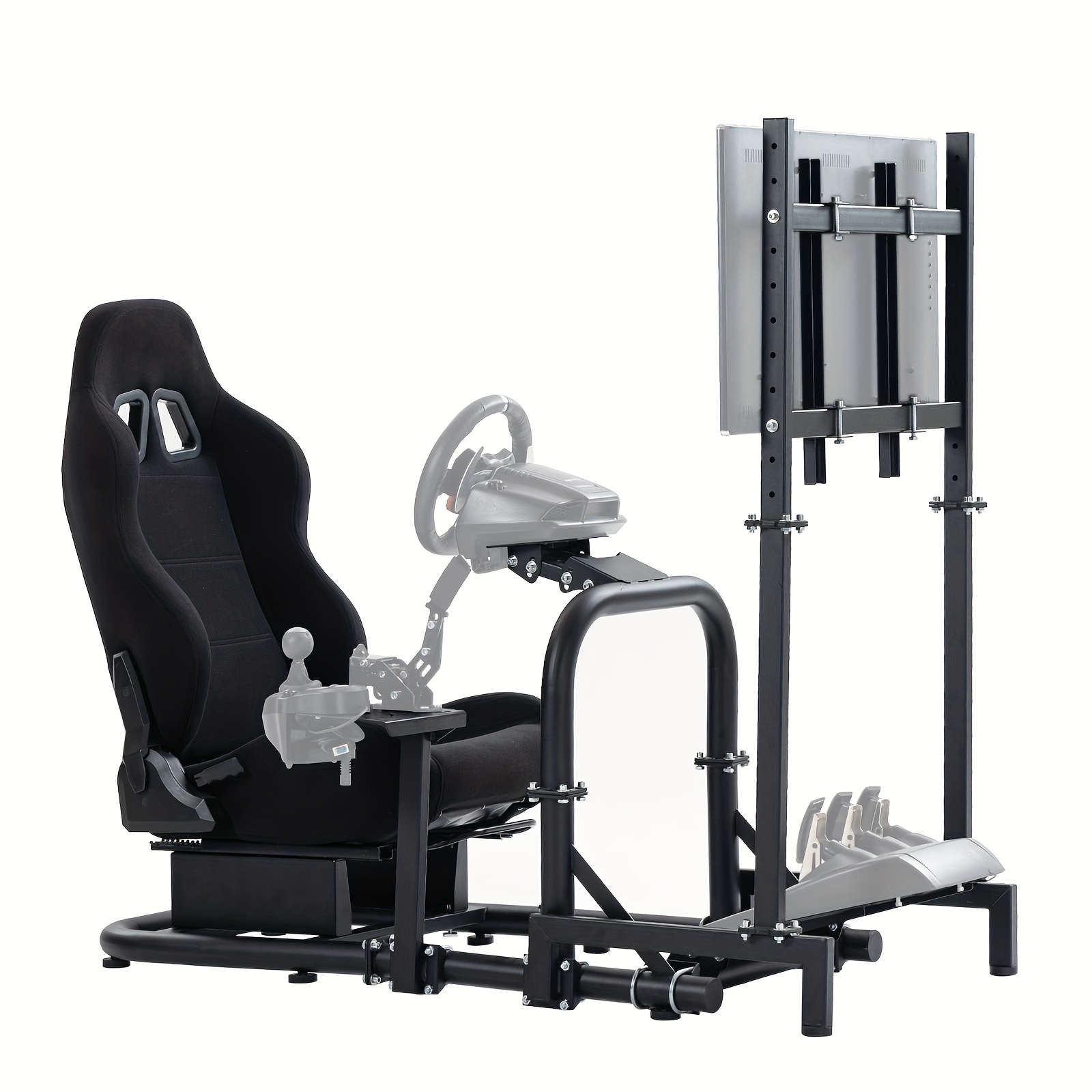 Adjustable Racing Simulator Cockpit with Black Seat and TV Stand